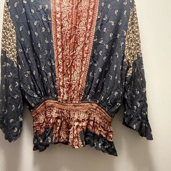 Angie Blue and Orange Ruched Ruffled Blouse - Picture 2 of 3